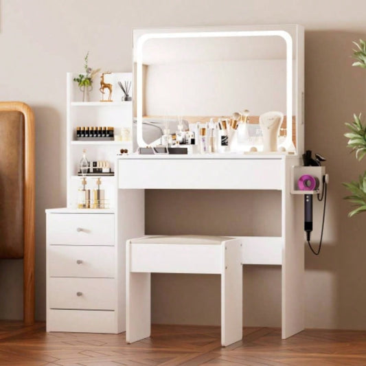 Vanity table with LED - lit mirror with power outlet and hairdryer shelving, with 4 drawers and upholstered stool, brightness adjustable in 3 lighting modes, storage table, White, 43.3L *15. *55.4H