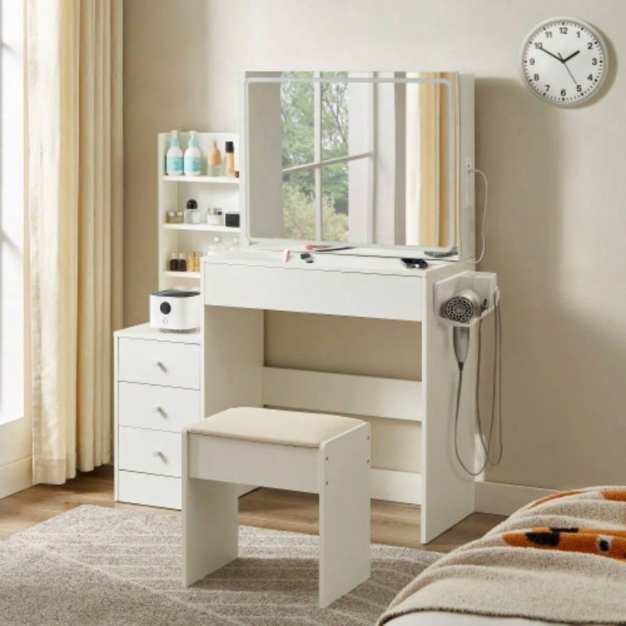 Vanity table with LED - lit mirror with power outlet and hairdryer shelving, with 4 drawers and upholstered stool, brightness adjustable in 3 lighting modes, storage table, White, 43.3L *15. *55.4H