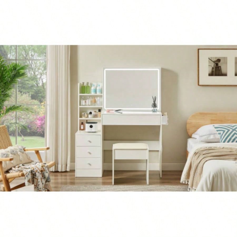 Vanity table with LED - lit mirror with power outlet and hairdryer shelving, with 4 drawers and upholstered stool, brightness adjustable in 3 lighting modes, storage table, White, 43.3L *15. *55.4H