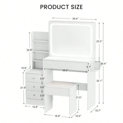Vanity table with LED - lit mirror with power outlet and hairdryer shelving, with 4 drawers and upholstered stool, brightness adjustable in 3 lighting modes, storage table, White, 43.3L *15. *55.4H