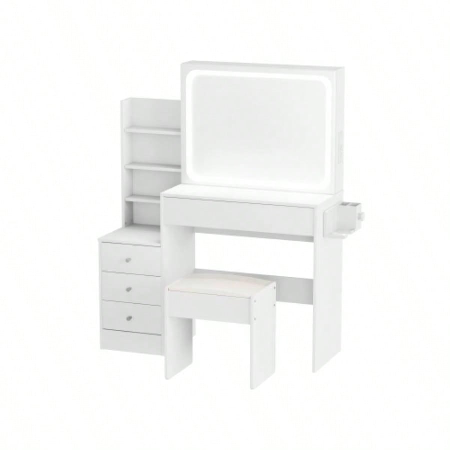 Vanity table with LED - lit mirror with power outlet and hairdryer shelving, with 4 drawers and upholstered stool, brightness adjustable in 3 lighting modes, storage table, White, 43.3L *15. *55.4H