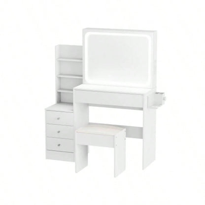 Vanity table with LED - lit mirror with power outlet and hairdryer shelving, with 4 drawers and upholstered stool, brightness adjustable in 3 lighting modes, storage table, White, 43.3L *15. *55.4H