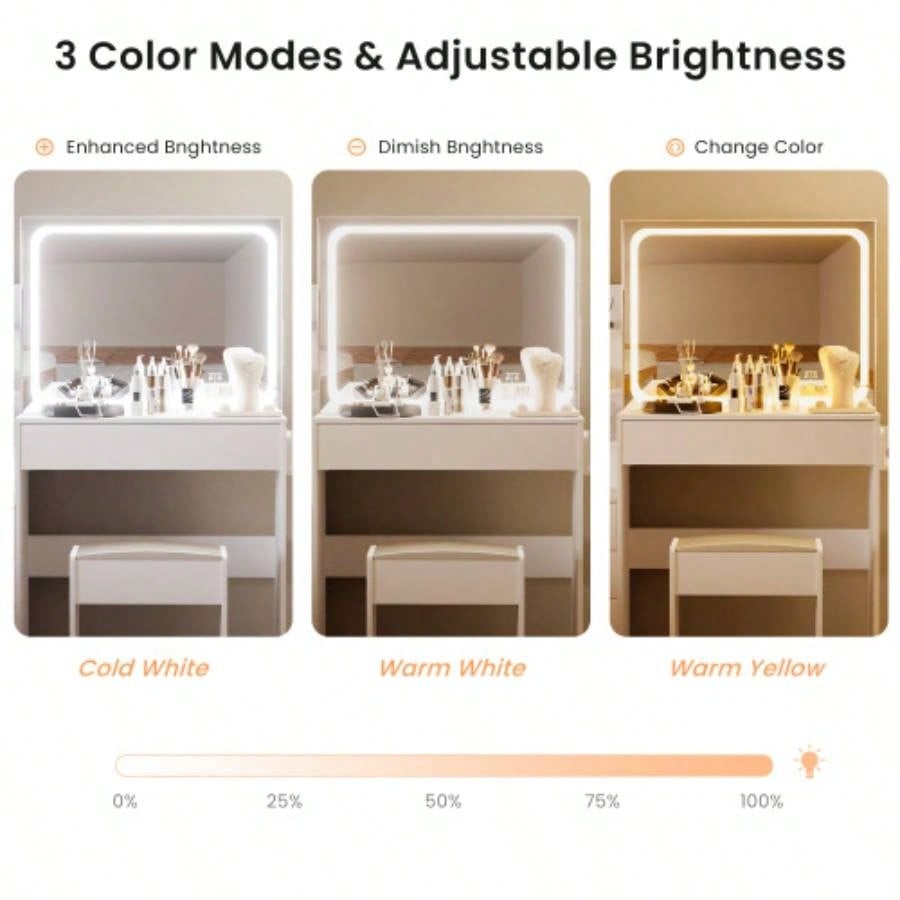 Vanity table with LED - lit mirror with power outlet and hairdryer shelving, with 4 drawers and upholstered stool, brightness adjustable in 3 lighting modes, storage table, White, 43.3L *15. *55.4H