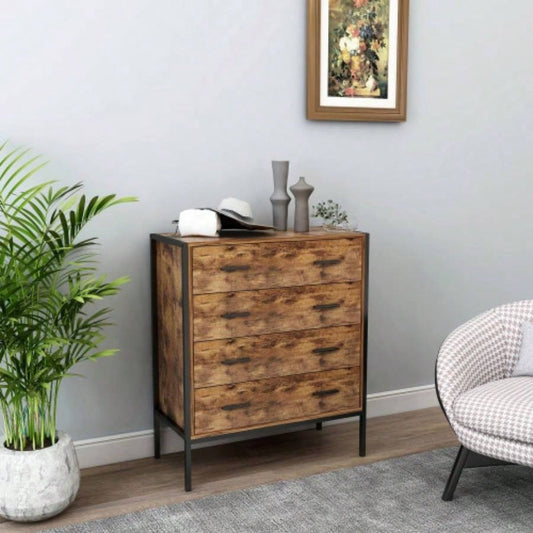 Industrial Style 4 Drawer Dresser, Rustic Brown Wood Storage Dresser Clothes Organizer with Sturdy Steel Frame, Chest with 4 Drawer, Storage Cabinet Bedroom, Living Room