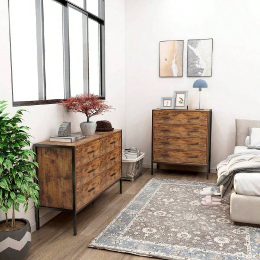 Industrial Style 4 Drawer Dresser, Rustic Brown Wood Storage Dresser Clothes Organizer with Sturdy Steel Frame, Chest with 4 Drawer, Storage Cabinet Bedroom, Living Room