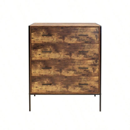 Industrial Style 4 Drawer Dresser, Rustic Brown Wood Storage Dresser Clothes Organizer with Sturdy Steel Frame, Chest with 4 Drawer, Storage Cabinet Bedroom, Living Room