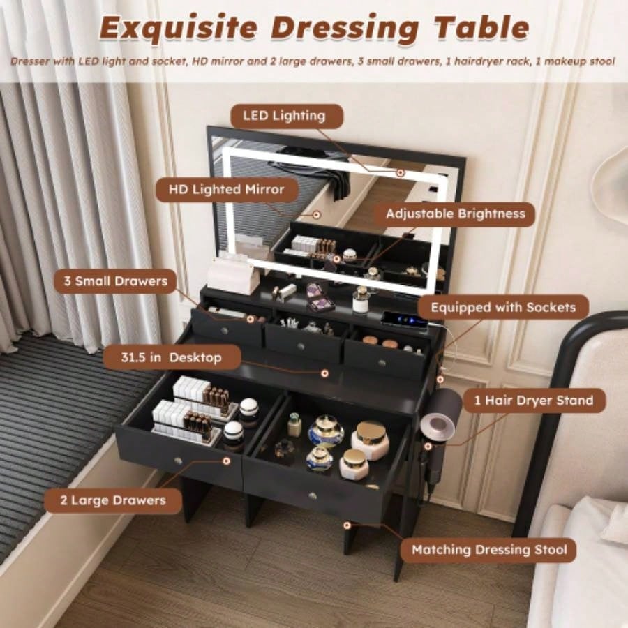 New Large Mirror Vanity Desk Bed room, Modern Makeup Vanity Set with Power Outlet and Hair dryer holder, 5 Drawers, 3 Lighting Color Adjustable Dressing Table Bedroom, Black Color