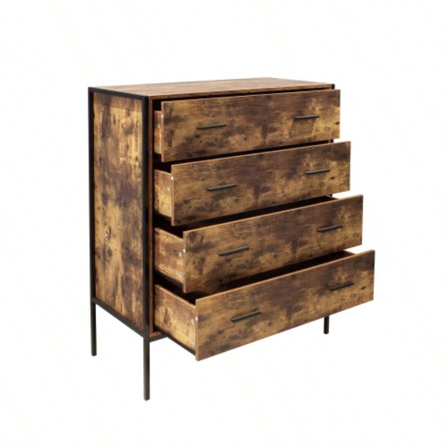 Industrial Style 4 Drawer Dresser, Rustic Brown Wood Storage Dresser Clothes Organizer with Sturdy Steel Frame, Chest with 4 Drawer, Storage Cabinet Bedroom, Living Room