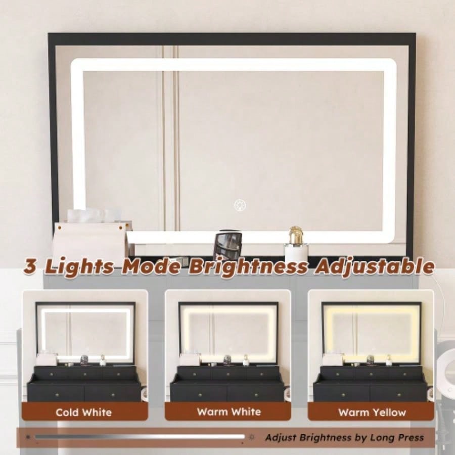 New Large Mirror Vanity Desk Bed room, Modern Makeup Vanity Set with Power Outlet and Hair dryer holder, 5 Drawers, 3 Lighting Color Adjustable Dressing Table Bedroom, Black Color