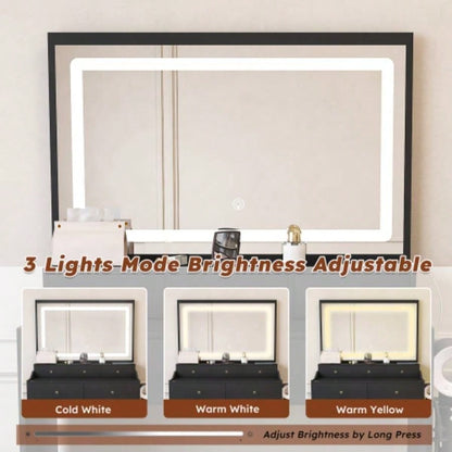 New Large Mirror Vanity Desk Bed room, Modern Makeup Vanity Set with Power Outlet and Hair dryer holder, 5 Drawers, 3 Lighting Color Adjustable Dressing Table Bedroom, Black Color