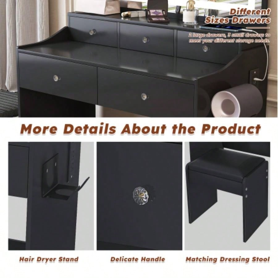 New Large Mirror Vanity Desk Bed room, Modern Makeup Vanity Set with Power Outlet and Hair dryer holder, 5 Drawers, 3 Lighting Color Adjustable Dressing Table Bedroom, Black Color