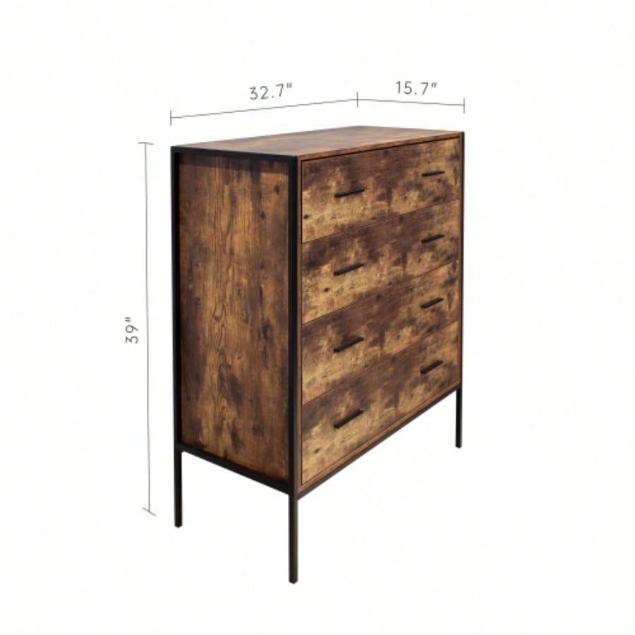 Industrial Style 4 Drawer Dresser, Rustic Brown Wood Storage Dresser Clothes Organizer with Sturdy Steel Frame, Chest with 4 Drawer, Storage Cabinet Bedroom, Living Room