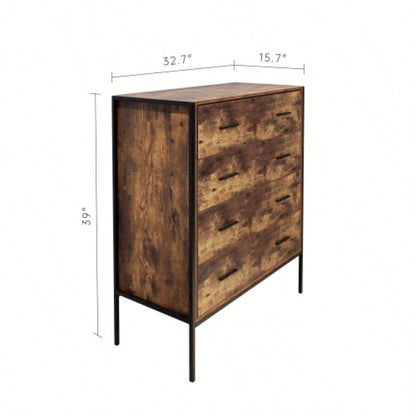 Industrial Style 4 Drawer Dresser, Rustic Brown Wood Storage Dresser Clothes Organizer with Sturdy Steel Frame, Chest with 4 Drawer, Storage Cabinet Bedroom, Living Room