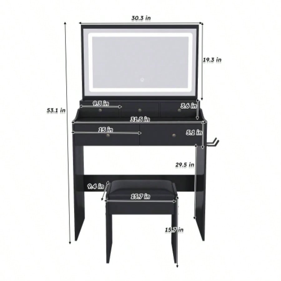 New Large Mirror Vanity Desk Bed room, Modern Makeup Vanity Set with Power Outlet and Hair dryer holder, 5 Drawers, 3 Lighting Color Adjustable Dressing Table Bedroom, Black Color