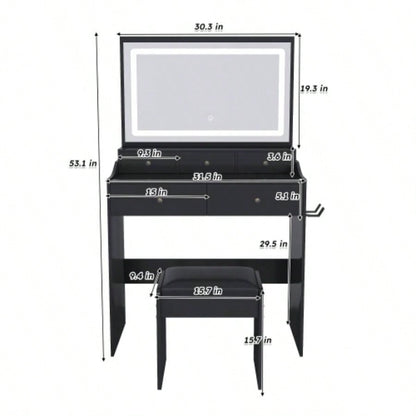 New Large Mirror Vanity Desk Bed room, Modern Makeup Vanity Set with Power Outlet and Hair dryer holder, 5 Drawers, 3 Lighting Color Adjustable Dressing Table Bedroom, Black Color