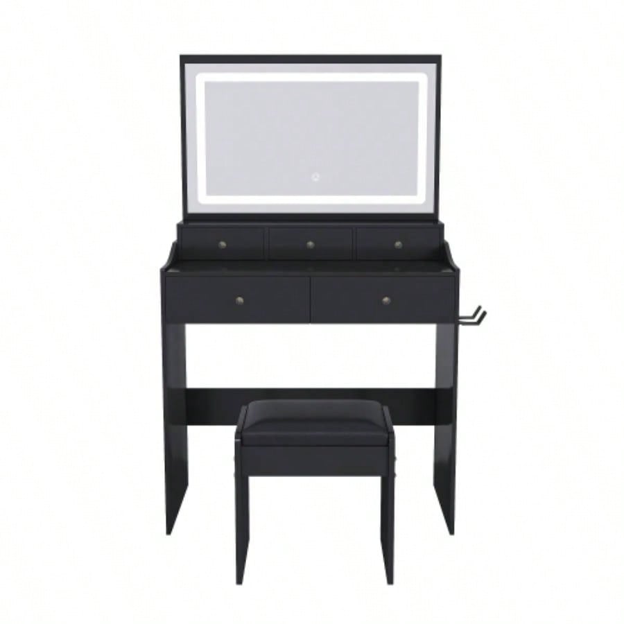 New Large Mirror Vanity Desk Bed room, Modern Makeup Vanity Set with Power Outlet and Hair dryer holder, 5 Drawers, 3 Lighting Color Adjustable Dressing Table Bedroom, Black Color