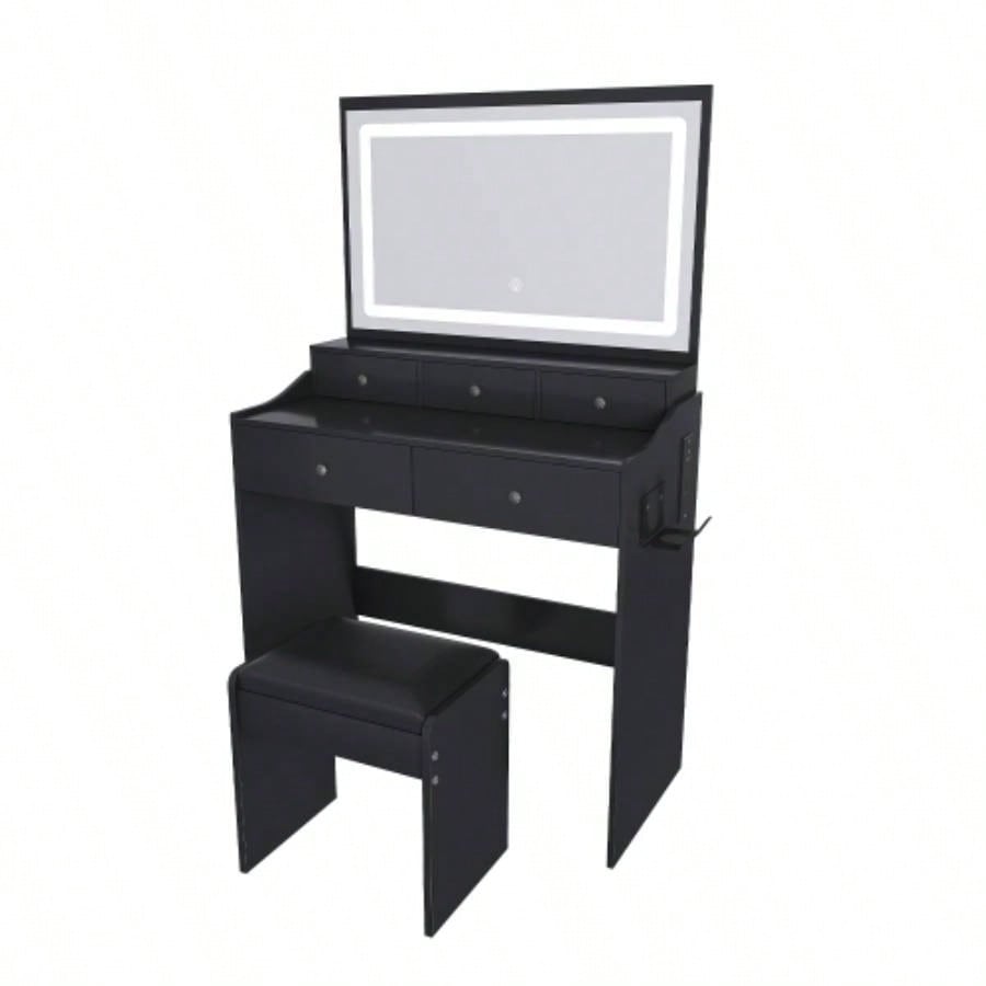 New Large Mirror Vanity Desk Bed room, Modern Makeup Vanity Set with Power Outlet and Hair dryer holder, 5 Drawers, 3 Lighting Color Adjustable Dressing Table Bedroom, Black Color