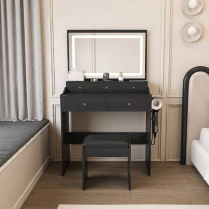 New Large Mirror Vanity Desk Bed room, Modern Makeup Vanity Set with Power Outlet and Hair dryer holder, 5 Drawers, 3 Lighting Color Adjustable Dressing Table Bedroom, Black Color