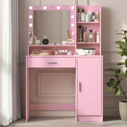 Vanity Desk with Mirror Light, Large Drawer Three Level Storage Dresser, 3 Lighting Modes Adjustable Brightness, Bedroom Dressing TablePink