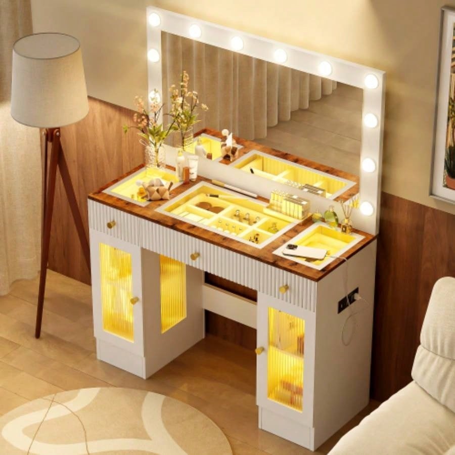 43.3 Vanity Desk with Large Mirror and Bulbs, Modern Glass Top Makeup Vanity with Drawers and Power Outlet, Large Dressing Table with 3 Color Lighting Modes RGB Cabinets Bedroom