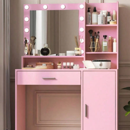 Vanity Desk with Mirror Light, Large Drawer Three Level Storage Dresser, 3 Lighting Modes Adjustable Brightness, Bedroom Dressing TablePink