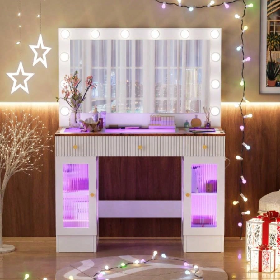 43.3 Vanity Desk with Large Mirror and Bulbs, Modern Glass Top Makeup Vanity with Drawers and Power Outlet, Large Dressing Table with 3 Color Lighting Modes RGB Cabinets Bedroom