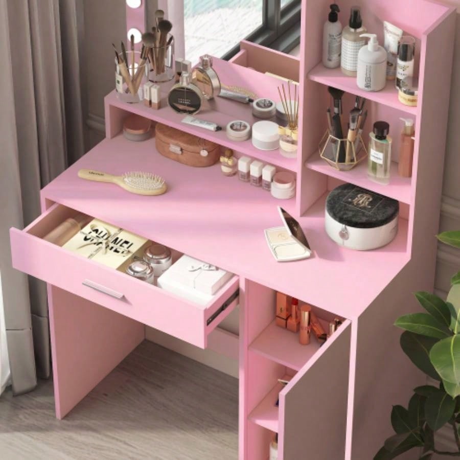 Vanity Desk with Mirror Light, Large Drawer Three Level Storage Dresser, 3 Lighting Modes Adjustable Brightness, Bedroom Dressing TablePink