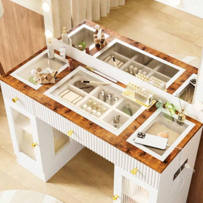 43.3 Vanity Desk with Large Mirror and Bulbs, Modern Glass Top Makeup Vanity with Drawers and Power Outlet, Large Dressing Table with 3 Color Lighting Modes RGB Cabinets Bedroom