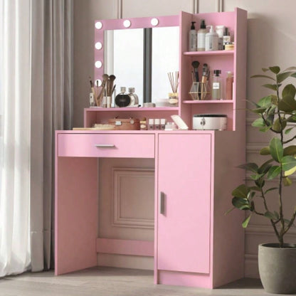 Vanity Desk with Mirror Light, Large Drawer Three Level Storage Dresser, 3 Lighting Modes Adjustable Brightness, Bedroom Dressing TablePink