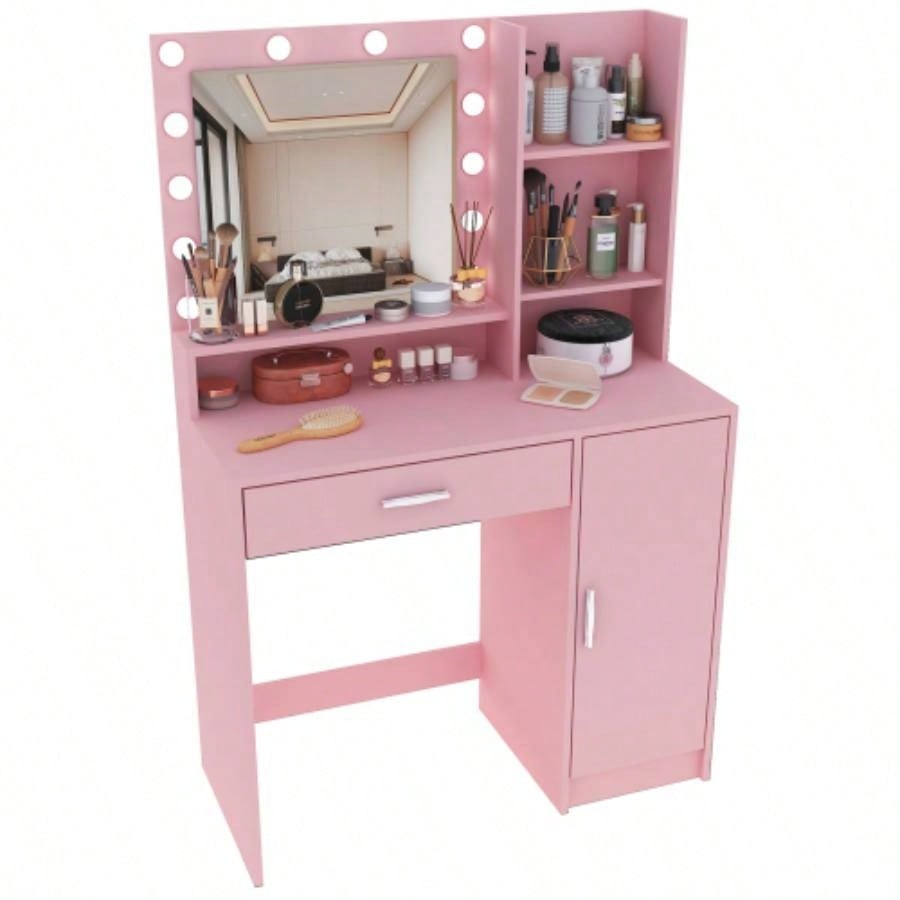Vanity Desk with Mirror Light, Large Drawer Three Level Storage Dresser, 3 Lighting Modes Adjustable Brightness, Bedroom Dressing TablePink