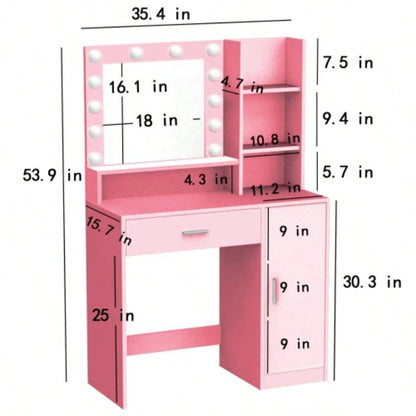 Vanity Desk with Mirror Light, Large Drawer Three Level Storage Dresser, 3 Lighting Modes Adjustable Brightness, Bedroom Dressing TablePink