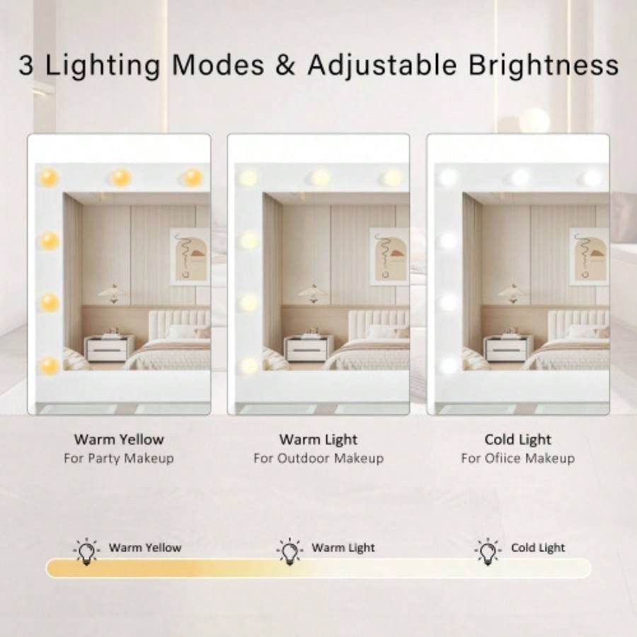 43.3 Vanity Desk with Large Mirror and Bulbs, Modern Glass Top Makeup Vanity with Drawers and Power Outlet, Large Dressing Table with 3 Color Lighting Modes RGB Cabinets Bedroom
