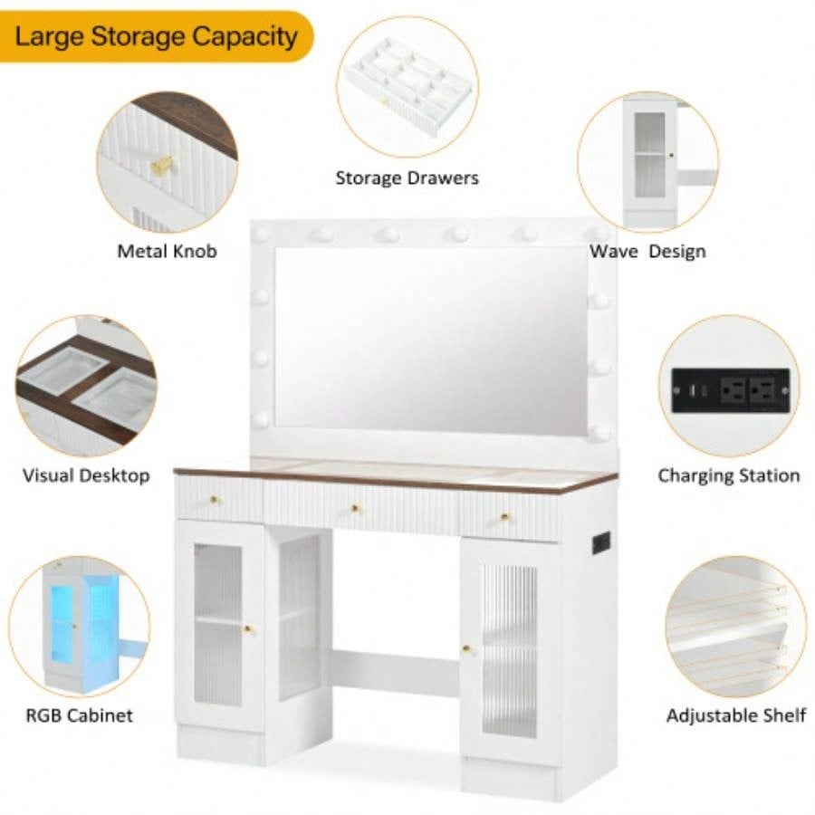43.3 Vanity Desk with Large Mirror and Bulbs, Modern Glass Top Makeup Vanity with Drawers and Power Outlet, Large Dressing Table with 3 Color Lighting Modes RGB Cabinets Bedroom