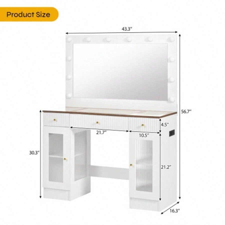 43.3 Vanity Desk with Large Mirror and Bulbs, Modern Glass Top Makeup Vanity with Drawers and Power Outlet, Large Dressing Table with 3 Color Lighting Modes RGB Cabinets Bedroom