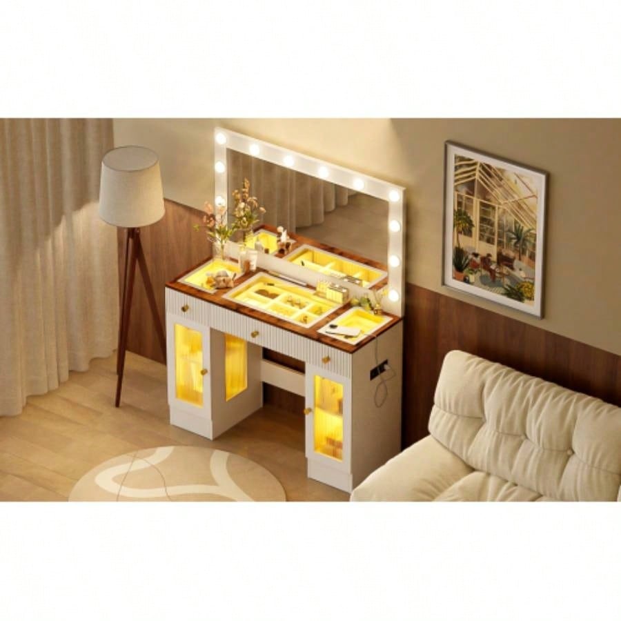 43.3 Vanity Desk with Large Mirror and Bulbs, Modern Glass Top Makeup Vanity with Drawers and Power Outlet, Large Dressing Table with 3 Color Lighting Modes RGB Cabinets Bedroom