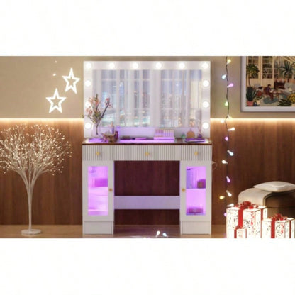 43.3 Vanity Desk with Large Mirror and Bulbs, Modern Glass Top Makeup Vanity with Drawers and Power Outlet, Large Dressing Table with 3 Color Lighting Modes RGB Cabinets Bedroom