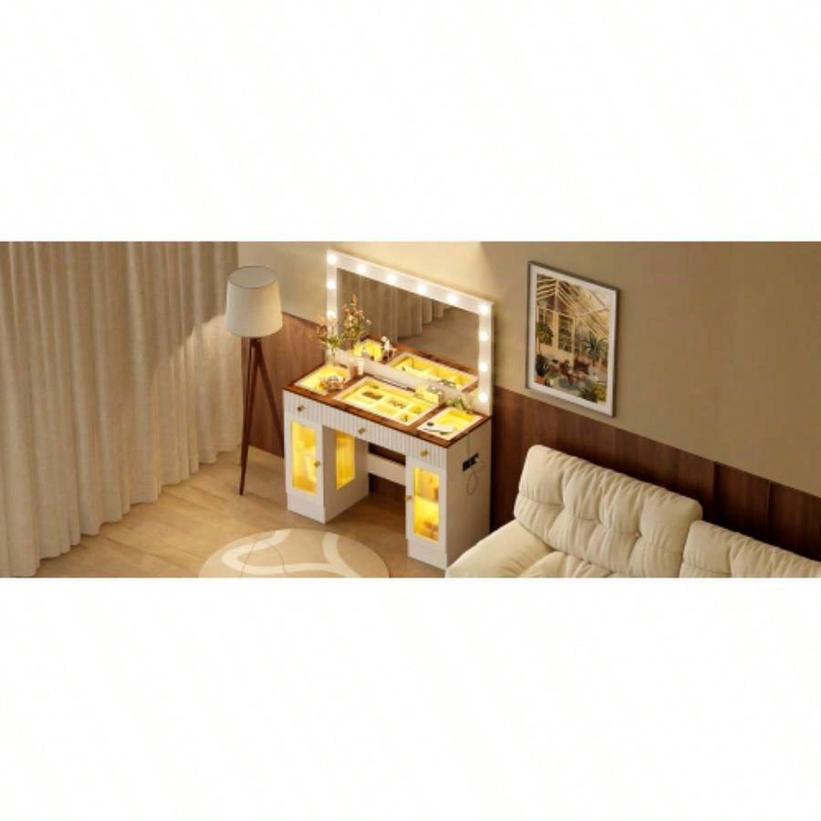 43.3 Vanity Desk with Large Mirror and Bulbs, Modern Glass Top Makeup Vanity with Drawers and Power Outlet, Large Dressing Table with 3 Color Lighting Modes RGB Cabinets Bedroom