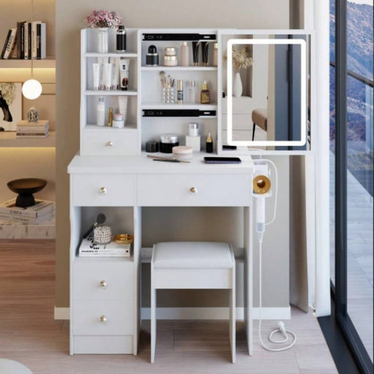 29.2 Small Size Left Drawer Desktop Vanity Table+ Cushioned Stool, 2 AC+2 USB Power Station, Hair dryer bracket, Large Control Sliding LED Mirror, Tri - color Switching, Brightness Adjust