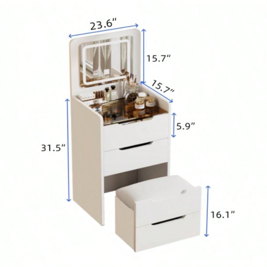 60CM 3 in 1 Vanity Desk with Plip Top Mirror, Small Make Up Vanity Set with Visible Glass Desktop, Compact Makeup Vanity with 3 Drawers, Cushioned, Dressing Table Bedroom BACK TO SCHOOL