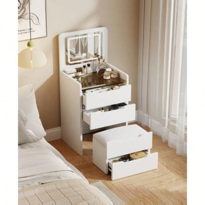 60CM 3 in 1 Vanity Desk with Plip Top Mirror, Small Make Up Vanity Set with Visible Glass Desktop, Compact Makeup Vanity with 3 Drawers, Cushioned, Dressing Table Bedroom BACK TO SCHOOL