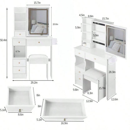29.2 Small Size Left Drawer Desktop Vanity Table+ Cushioned Stool, 2 AC+2 USB Power Station, Hair dryer bracket, Large Control Sliding LED Mirror, Tri - color Switching, Brightness Adjust