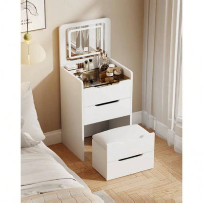 60CM 3 in 1 Vanity Desk with Plip Top Mirror, Small Make Up Vanity Set with Visible Glass Desktop, Compact Makeup Vanity with 3 Drawers, Cushioned, Dressing Table Bedroom BACK TO SCHOOL