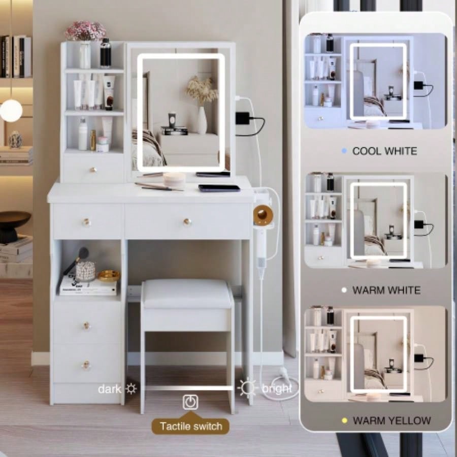 29.2 Small Size Left Drawer Desktop Vanity Table+ Cushioned Stool, 2 AC+2 USB Power Station, Hair dryer bracket, Large Control Sliding LED Mirror, Tri - color Switching, Brightness Adjust