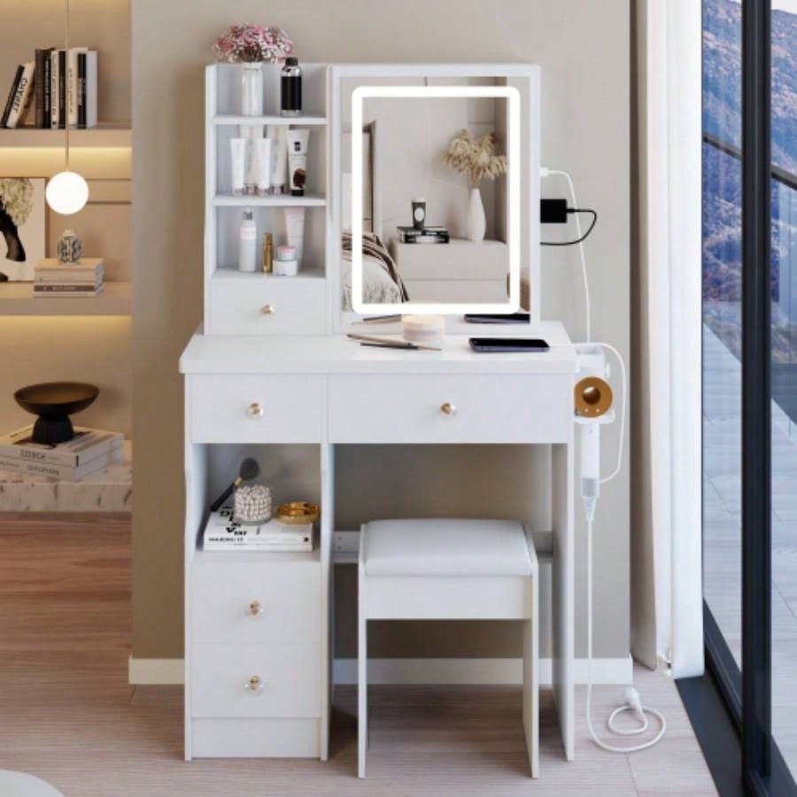 29.2 Small Size Left Drawer Desktop Vanity Table+ Cushioned Stool, 2 AC+2 USB Power Station, Hair dryer bracket, Large Control Sliding LED Mirror, Tri - color Switching, Brightness Adjust