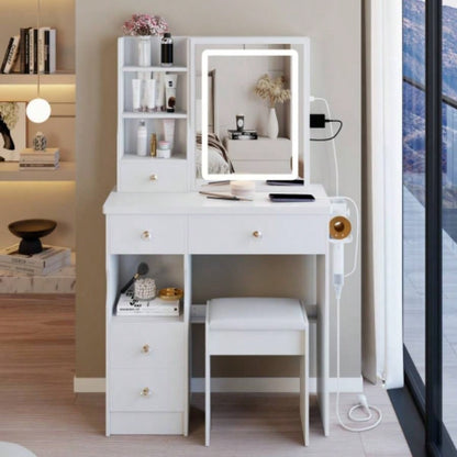 29.2 Small Size Left Drawer Desktop Vanity Table+ Cushioned Stool, 2 AC+2 USB Power Station, Hair dryer bracket, Large Control Sliding LED Mirror, Tri - color Switching, Brightness Adjust