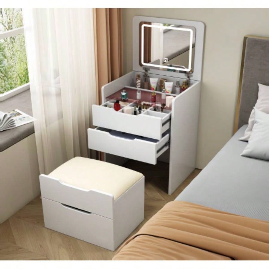 60CM 3 in 1 Vanity Desk with Plip Top Mirror, Small Make Up Vanity Set with Visible Glass Desktop, Compact Makeup Vanity with 3 Drawers, Cushioned, Dressing Table Bedroom BACK TO SCHOOL