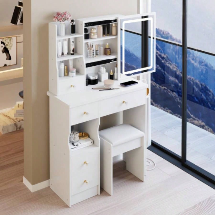 29.2 Small Size Left Drawer Desktop Vanity Table+ Cushioned Stool, 2 AC+2 USB Power Station, Hair dryer bracket, Large Control Sliding LED Mirror, Tri - color Switching, Brightness Adjust
