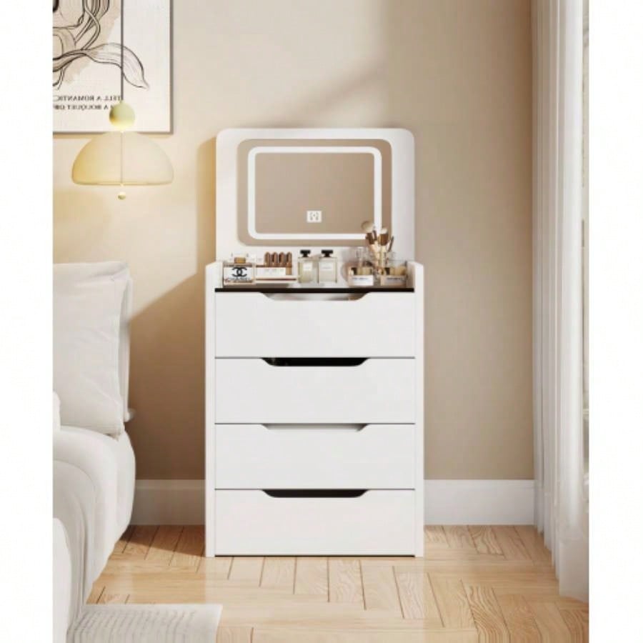 60CM 3 in 1 Vanity Desk with Plip Top Mirror, Small Make Up Vanity Set with Visible Glass Desktop, Compact Makeup Vanity with 3 Drawers, Cushioned, Dressing Table Bedroom BACK TO SCHOOL