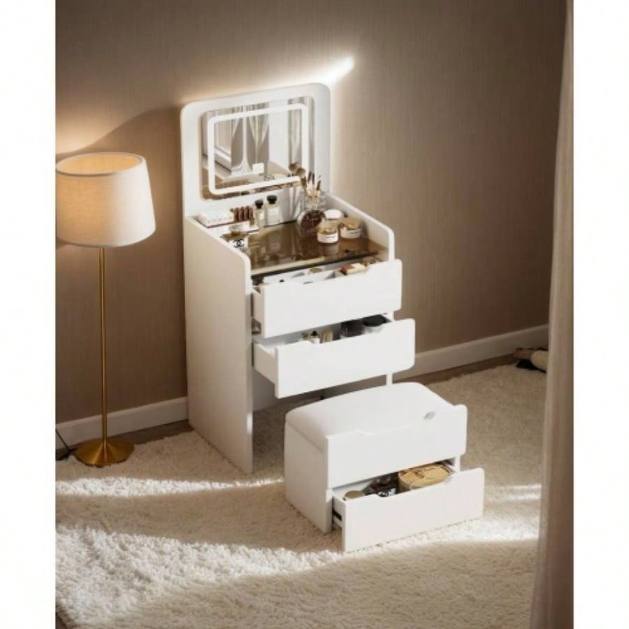 60CM 3 in 1 Vanity Desk with Plip Top Mirror, Small Make Up Vanity Set with Visible Glass Desktop, Compact Makeup Vanity with 3 Drawers, Cushioned, Dressing Table Bedroom BACK TO SCHOOL