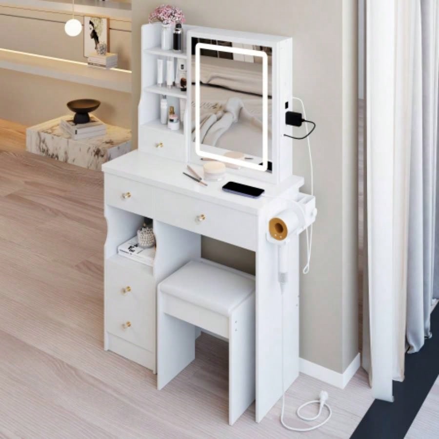 29.2 Small Size Left Drawer Desktop Vanity Table+ Cushioned Stool, 2 AC+2 USB Power Station, Hair dryer bracket, Large Control Sliding LED Mirror, Tri - color Switching, Brightness Adjust